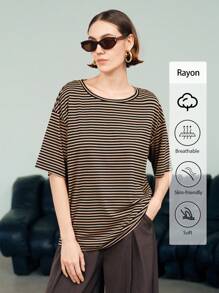Uhlyne Uhlyne Women's Casual Striped Short Sleeve T-Shirt, Summer - Brown - View 8