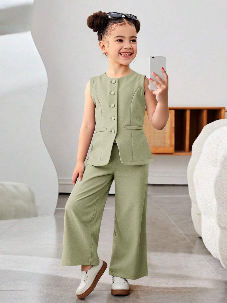 SHEIN 年轻女孩通勤休闲纯色梭织无袖圆领上衣和直筒裤套装，法式 - 綠色 - 查看 1