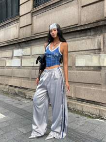 Coolane 女款春夏 Y2K 街头潮流约会夜撞色丝带条纹皮革运动长裤