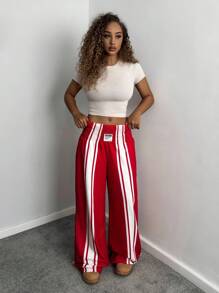 StreetHx Women's Red & White Striped Letter Graphic Loose Fit Casual Sweatpants Fall Cloth For Women - Red - View 5