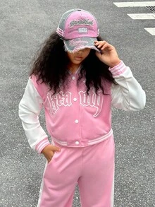 SHEIN Explorewe 2pcs/Set Tween Girls Pink Autumn Casual School Back-To-School Loose 3D Embroidery Patchwork Contrast Color Jacket With Sports Pants,Daily Commuting - Pink - View 6