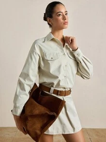Bộ 2 món áo dài tay đơn sắc cài nút phía trước và chân váy thường ngày cho nữ - Màu be - Xem 4