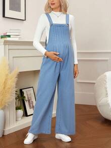 SHEIN Maternity Casual Side Zipper Denim Bib Pants Jumpsuit - Baby Blue - View 7