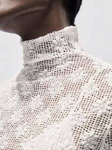 SHEIN Unity Halloween Women's Stand Collar Knitted Hollow See-Through Textured Lace Slim Fit Elegant Long Sleeve Top - White - View 5