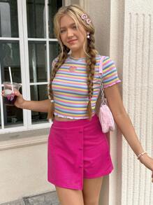 SHEIN 青少年女孩條紋圖案愛心刺繡木耳邊T恤和圍裹下擺裙裤 - 彩色 - 查看 3