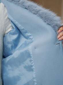 Anewsta 女式人造毛领加厚保暖束带羊毛大衣 - 藍白色 - 查看 14