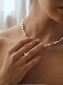 Opalesca 1颗珍珠/珍珠母贝纹理金属/18k金珠开口戒指，可爱、休闲、工作、奢华、婚礼、节日、度假、露营、Y2K/送给妈妈/女士/女孩/秋季/冬季/节日/假日/度假/老钱/万圣节，送给妈妈/女士/女孩/母亲，秋季/冬季，服装，老钱，高级，珍珠，优雅，仙女风/仙子 - 金黃色 - 查看 3