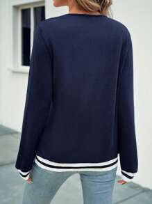 SHEIN LUNE Casual Contrast Trim Pullover Sweatshirt, Suitable For Spring & Autumn Graduation,Back To School,Graduation,Teacher For Women,Back To School Fall - Blue - View 2