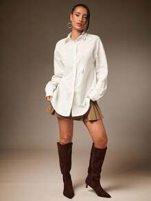 Hauture Camisa blanca larga y holgada con abertura lateral, básica y casual, fácil de usar y sexy - Albaricoque - Ver 2