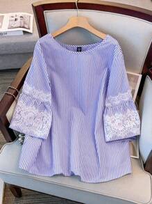 GlowEve CURVE 大码女式条纹印花上衣简约圆领拼接蕾丝外出度假夏季波西米亚风蕾丝上衣