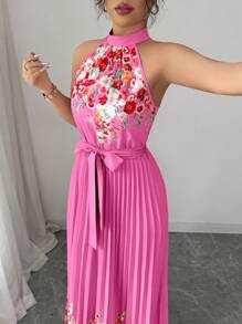 Elenzga 女式夏季优雅花卉宽松露背连衣裙 - 玫紅色 - 查看 7