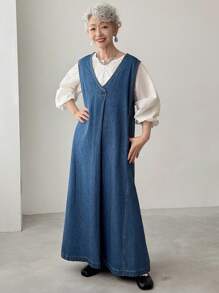 FRIFUL 女式V领口袋无袖宽松休闲牛仔连衣裙 - 藍色 - 查看 6