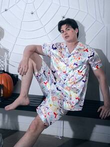 CoupledUp 卡通万圣节元素印花仿丝男士睡衣套装 - 白色 - 查看 7