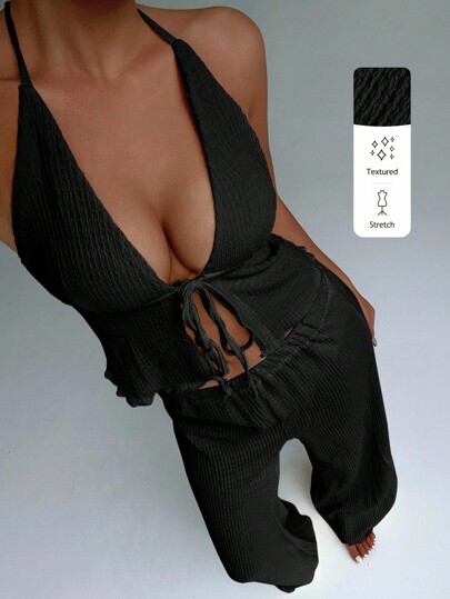 FavEase Conjunto de top halter con pliegues texturizados y pantalones sueltos de pierna ancha