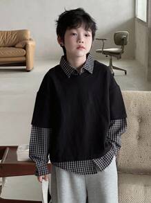 Dazy Kids 青少年男童宽松休闲格子拼接T恤，秋季款 - 黑色 - 查看 3