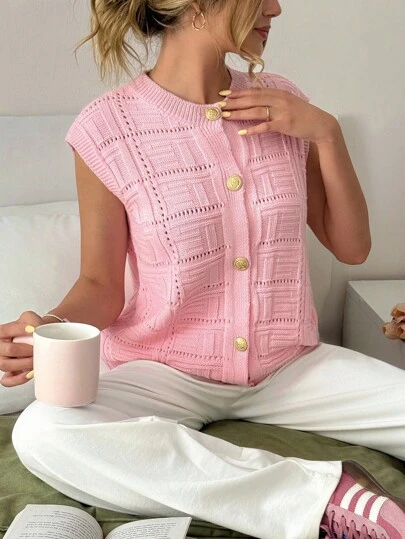 EURMUSE Casual ronde hals schattig roze geometrisch patroon gouden knoopjes mouwloos regular fit gebreid vest vest voor dames herfst winter outfits
