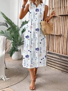 EMERY ROSE Women's Vacation Floral Print Notched V-Neckline Pocketed Long Casual Dress Maxi Women Outfit - Multicolor - View 3