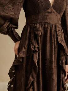 Anewsta New Stylish Design V-Neck Floral Ruffle Hem Maxi Dress, Slimming - Coffee - View 7