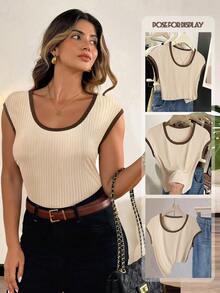 Vionelle 大码女式针织拼色圆领落肩修身优雅高端浪漫T恤