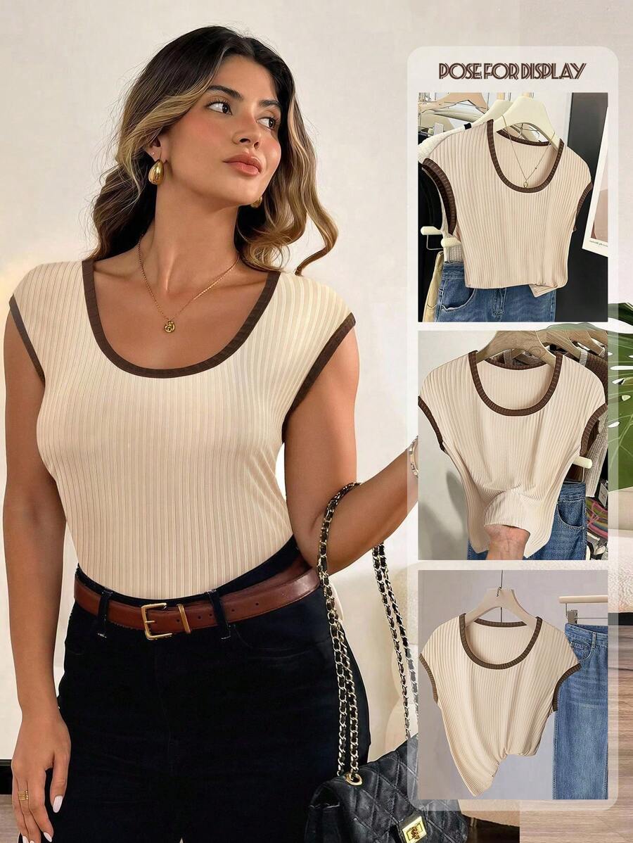 Vionelle 大码女式针织拼色圆领落肩修身优雅高端浪漫T恤