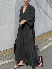 FRIFUL 女士全蕾丝刺绣袖口拼接网纱刺绣A字连衣裙，纯色休闲节日连衣裙，适合音乐节、毕业典礼 - 黑色 - 查看 5