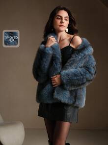 Anewsta 女士时尚新款翻领长款人造皮草大衣，冬季 - 霧霾藍 - 查看 10