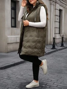 EMERY ROSE Plus Size Women Zipper Front Pockets Drawstring Hooded Sleeveless Winter Jacket,Winter Clothes,Chic Autumn&Winter Fall - Army Green - View 7