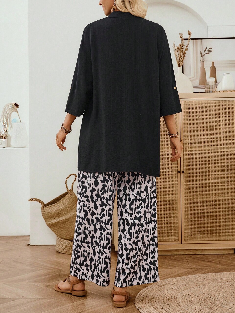 Women's Two Pieces Set Black And Pink Leopard Print,Autumn Casual Vacation Holiday Button Up Long Sleeve Shirt & Wide Leg Pants Business Outfits