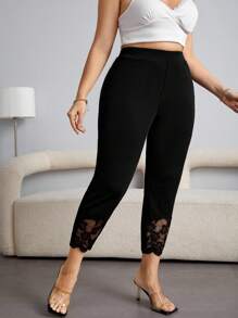 Firerie Plus High Waist Lace Panel Trousers - Black - View 3