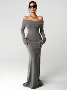 SHEIN ICON Vestido casual largo gris con hombros descubiertos de moda para mujer en otoño/invierno - Gris - Ver 6