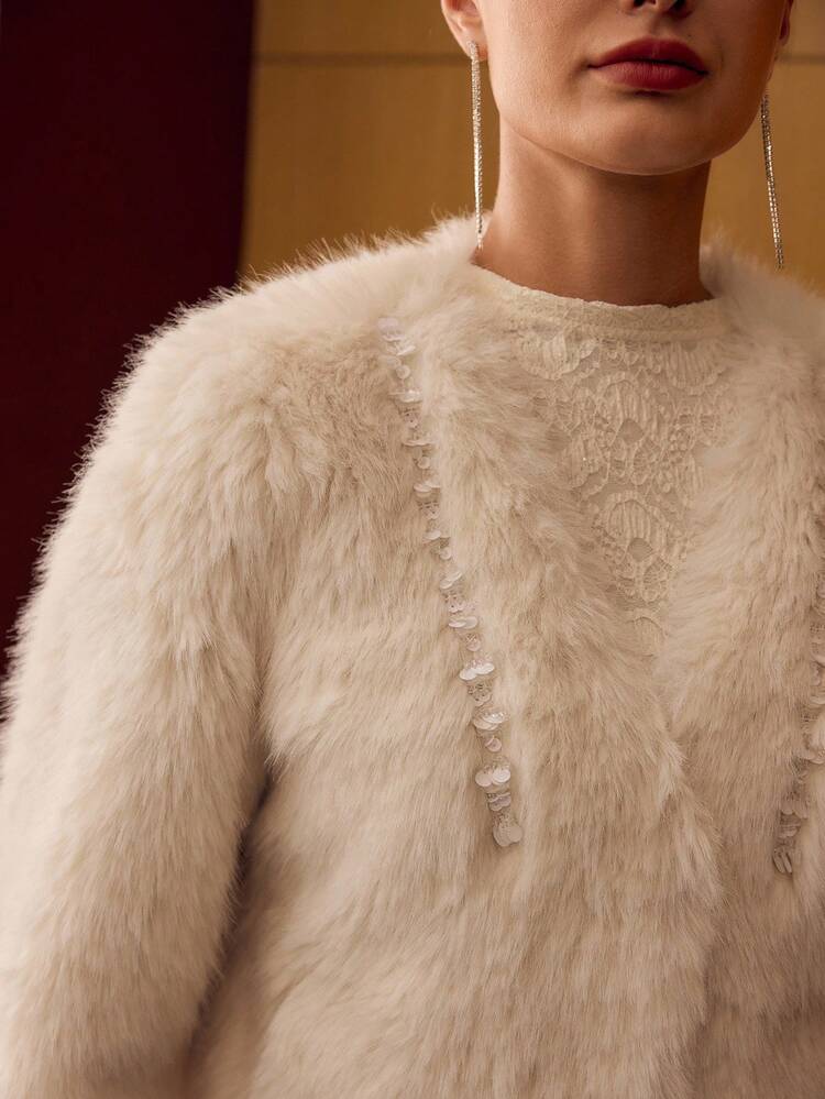 V NECK BUTTON UP FAUX FUR COAT