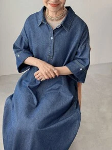 FRIFUL 女式纽扣半襟落肩宽松休闲牛仔连衣裙