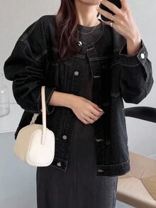 FRIFUL 女士休闲百搭落肩宽松牛仔夹克黑色牛仔夹克超大牛仔夹克牛仔夹克女式加大码牛仔夹克女式黑色牛仔夹克 - 黑色 - 查看 4