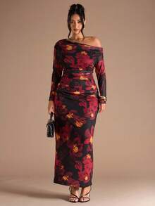 SHEIN BAE Plus Size Fall Elegant Sexy Women All Over Large Floral Mesh Print Asymmetrical Off The Shoulder Long Sleeve T-Shirt And Long Skirt Ladies Two Pieces Fairy Core Suit - Red - View 3