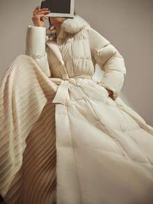 DAZY 女士优雅拼布毛领腰带厚垫长款大衣，秋冬 - 白色 - 查看 7