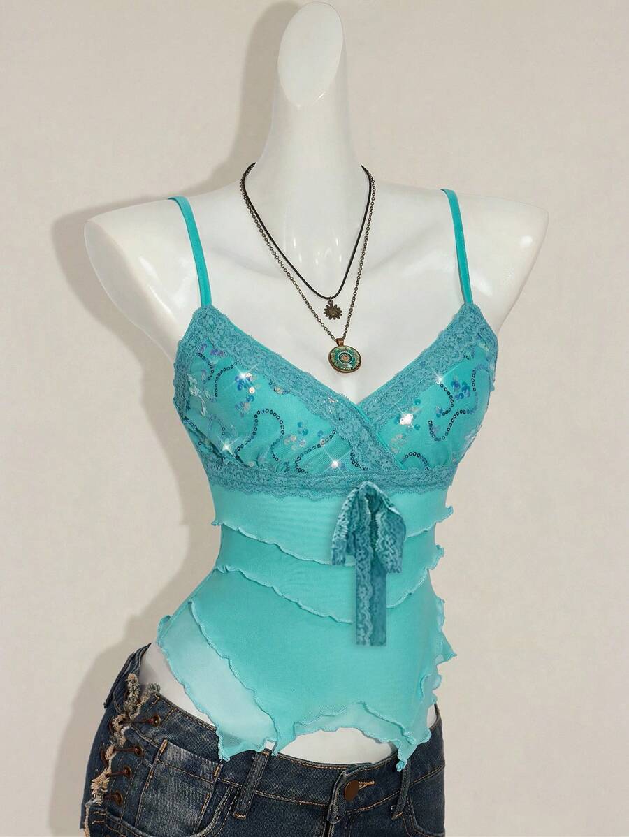 SHEIN ICON 女式性感辣妹千禧风格 Y2K 前卫时尚亮片拼接网眼蕾丝系带 V 领不对称多层下摆修身湖蓝色吊带上衣，性感上衣 - 綠色 - 查看 1