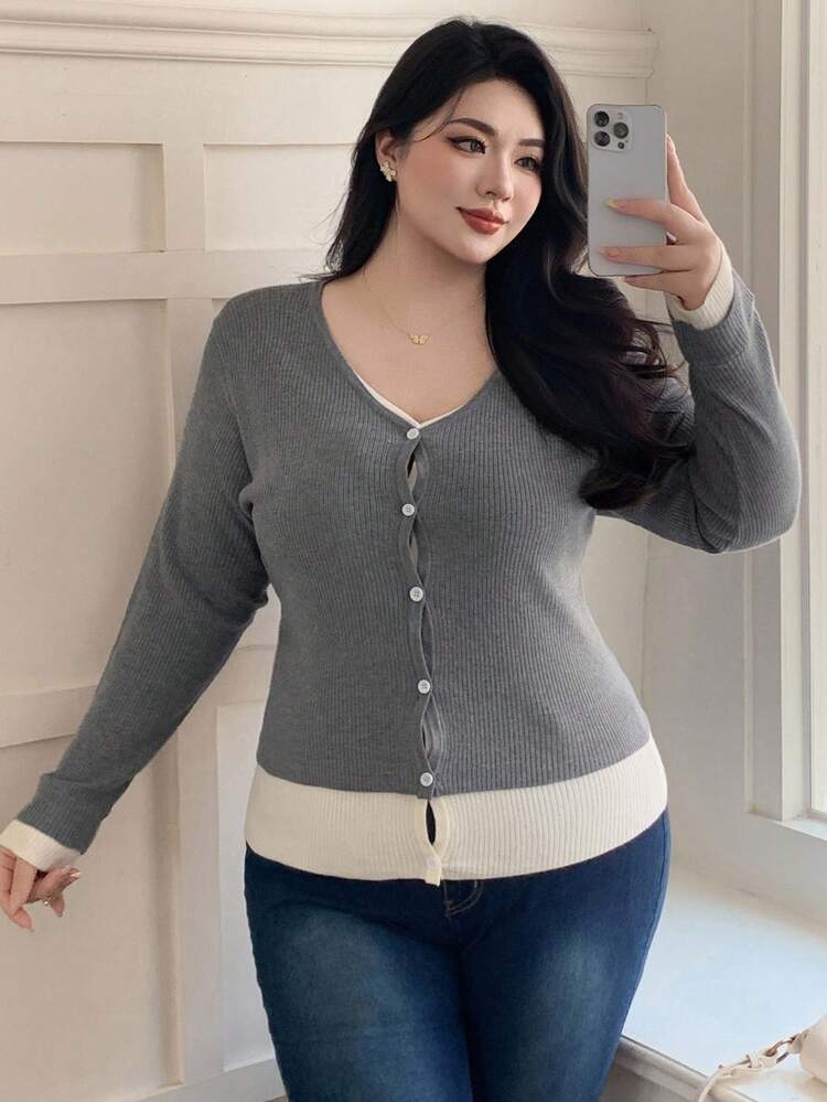 Dazy Plus Plus Size Women Casual Contrast Color Patchwork 2 In 1 Sweater Cardigan, Grey, Autumn/Winter
