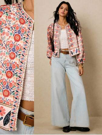 Poéselle Dames lichtgewicht casual jack met bloemenprint, lange mouwen en open voorkant