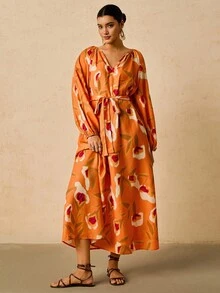 SHEIN VCAY Váy suông rộng tay đèn lồng cổ chữ V in hoa cỡ lớn, màu cam, Váy dài tay mùa thu mới Váy hoa màu cam Váy thu cho nữ Váy cam Váy maxi họa tiết hoa Váy thắt lưng màu cam - Màu Cam cháy - Xem 1