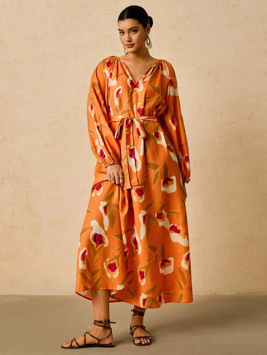 SHEIN VCAY Váy suông rộng tay đèn lồng cổ chữ V in hoa cỡ lớn, màu cam, Váy dài tay mùa thu mới Váy hoa màu cam Váy thu cho nữ Váy cam Váy maxi họa tiết hoa Váy thắt lưng màu cam - Màu Cam cháy - Xem 1