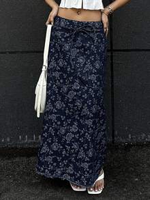 DAZY 女士碎花系带长款直筒牛仔裙 - 霧霾藍 - 查看 2