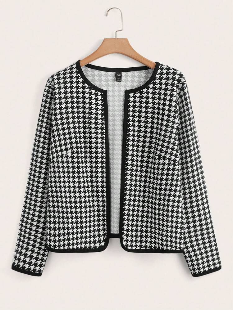 Plus Houndstooth Print Open Front Jacket,Fall Women Clothes Winter Autumn
