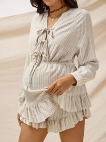 Boho Mama Fall Clothes  Maternity Striped Front Tie Raglan Sleeve Fitted Jumpsuit Boho Maternity Long Sleeve Fall Winter Clothes Bohemian - Apricot - View 7