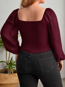 Firerie 加大方领灯笼袖上衣 - 酒紅色 - 查看 2