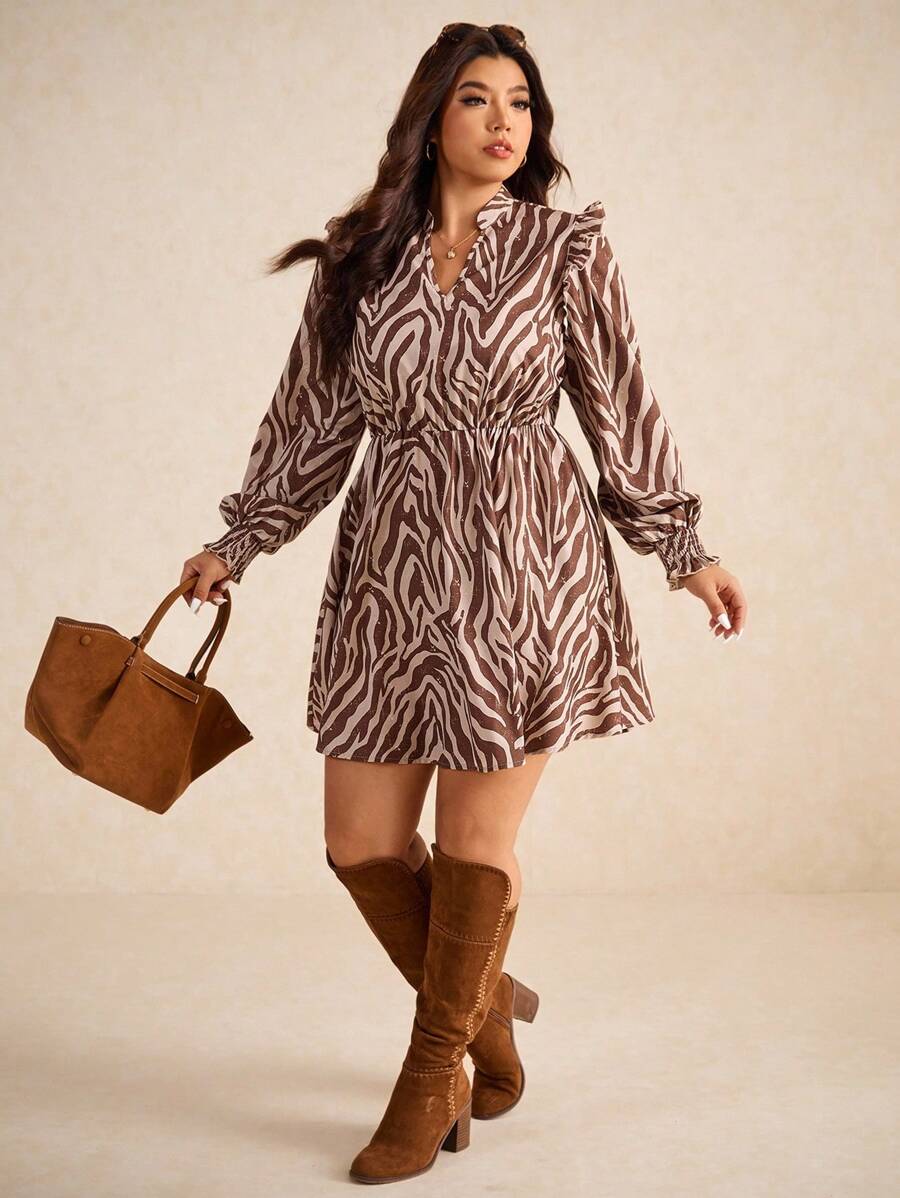 Elaquor 大码女式斑马纹V领长袖时尚连衣裙 - 彩色 - 查看 1