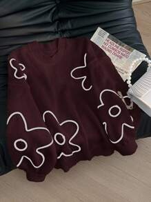CosyJoli Plus Size Women Floral Line Pattern Pullover Sweater,Autumn/Winter Graphic Flower Long Sleeve,Burgundy,Autumn,Cute,School,Back-To-School Brown Sweater - Burgundy - View 1