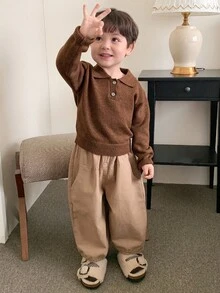 DAZY Toddler Boys' Casual Solid Color Turndown Collar Long Sleeve Sweater, Spring/Autumn - Coffee Brown - View 3