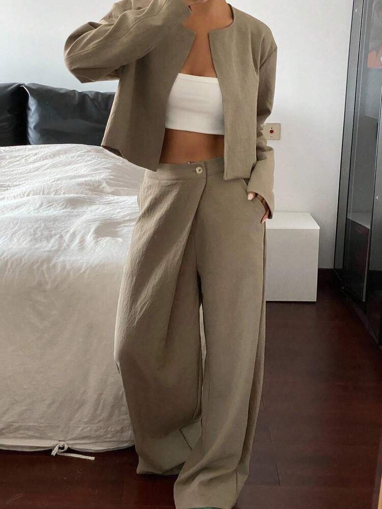 Women's Round Neck Cardigan Long Sleeve Short Jacket And Loose Straight Leg Pants 2 Pieces Set, Casual Lounge Sets For Women