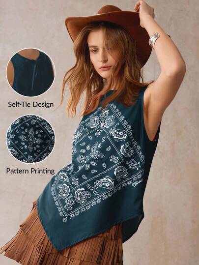 Wildy American Western Country Music Festival Camisole Strap Printed Bohemian Red Women Top Bandana Top Women Scarf Top Paisley Print Top Tie Front Top Boho Top