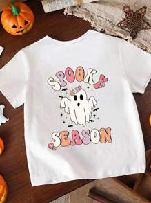 小女孩万圣节鬼魂字母印花基本款短袖T恤